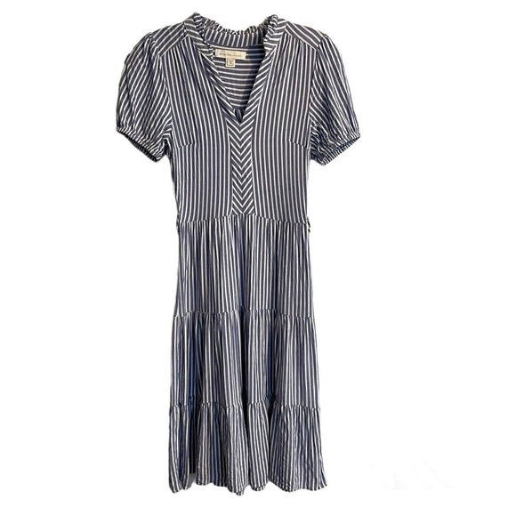 Monteau Los Angeles Midi Dress Blue White Striped Ruffles Women’s Size M… - Picture 1 of 7